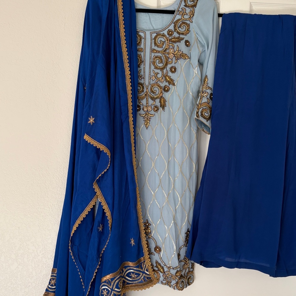 Elegant Blue Palazzo Pants Indian outfit 3 piece Indian suit